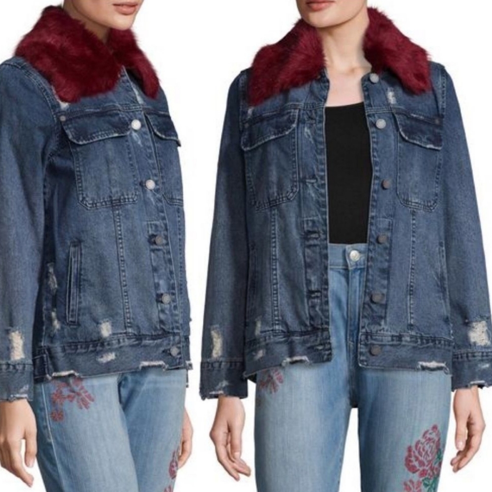 Blank NYC Distressed Jean Jacket With Removable Red Faux Fur Collar